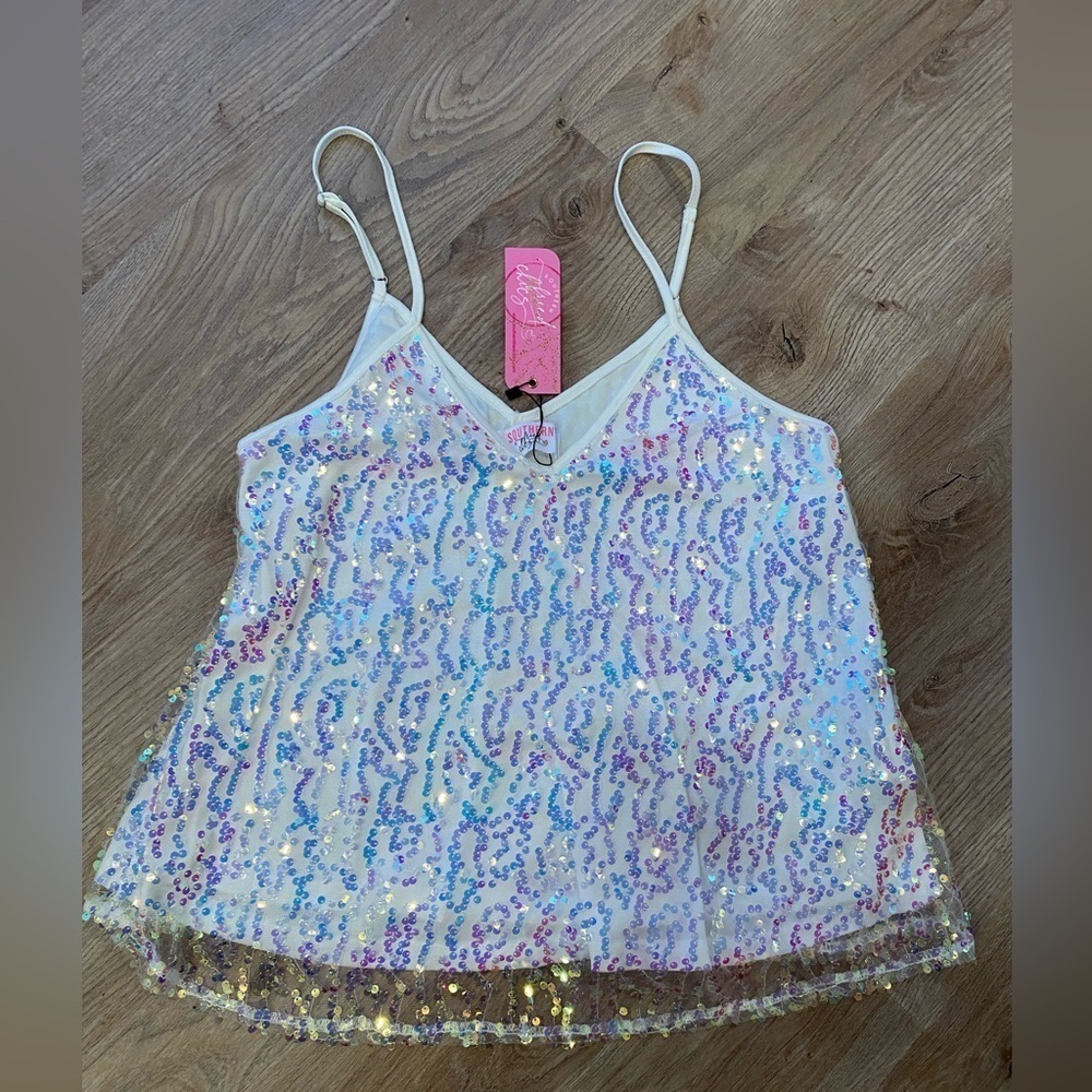 New with Tags Southern Fried Chics Size Large Moonlight White Sequin Tank Top
